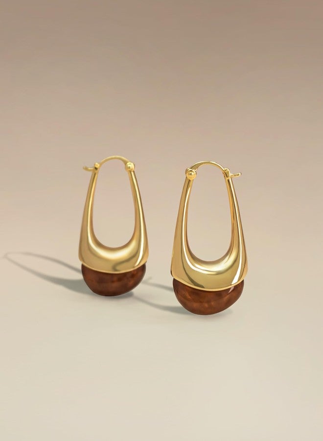 SNGIA Long Oval Chunky Dangle 18K gold plated Hoops with Colored Resin Gemstone Statement Earrings for Women by SNGIA, (Green, Brown, Blue, Pink, White, Cream), Bold Drop Handmade Exaggerated Irregular Trendy Bohemian Jewelry Gifts, Unique Dangling Teardrop Baroque Stone Summer Beach Fashion Earrings Accessories, Round Vintage Thick Circular Nickle Free Huggies Hoop Earrings. (Brown) - Image 4
